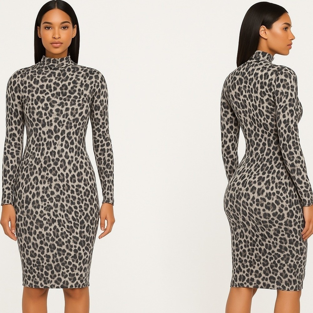 TDC Dress Womans Large‎ Leopard Print High Neck Long Sleeve Bodycon Mob Wife